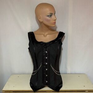 Corset Story Black & White Pinstripe, Chain Details, Shoulder Strap Corset NWT
